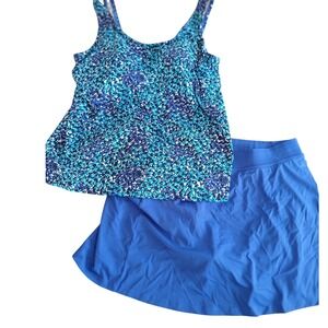 LL Bean Women's Swim Skirt Tankini Swimsuit Blue Floral Size 14 REG UPF‎ 50+